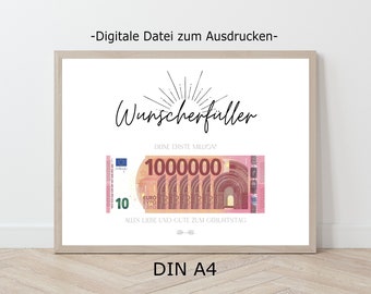 Deine erste Million, Geldgeschenk zum Geburtstag, Wunscherfüller, Geburtstagsgeschenk zum Ausdrucken, PDF A4 Descarga digital, Geld schenken