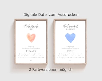 Patenurkunde mit Herz Geschenk personalisiert - Patenonkel Patentante - Pate Taufe Urkunde - Patenbrief Vorlage DIN A4 - Digitaler nedladdning