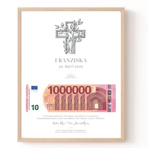 Personalisiertes Geldgeschenk zur Erstkommunion, Firmung oder Konfirmation mit einem filigranen Kreuz-Eukalyptus-Motiv und dem Schriftzug „Deine erste Million“.