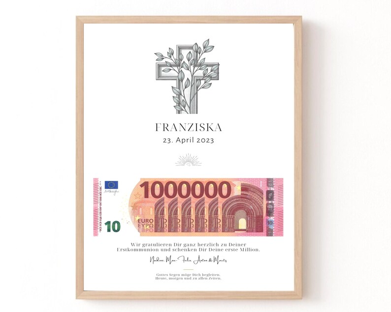 Personalisiertes Geldgeschenk zur Erstkommunion, Firmung oder Konfirmation mit einem filigranen Kreuz-Eukalyptus-Motiv und dem Schriftzug „Deine erste Million“.