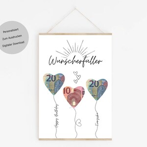 May include: Printable digital download of a card with the text "Wunscherfuller" and three heart-shaped balloons with euro bills inside. The balloons are labeled with the text "20", "10", and "20". The card also includes the text "Happy Birthday" and "Franziska".