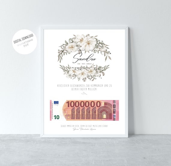 Personalized Communion Gift Poster: Floral Wreath, Million Money Gift (DIN A4 Download)
