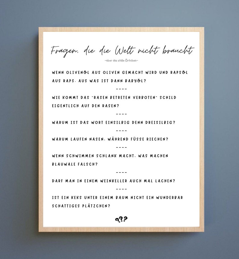 May include: A white framed poster with black text that reads "Fragen, die die Welt nicht braucht" and lists a series of questions.