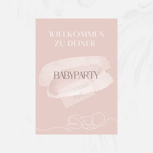 K&ouml;nnte beinhalten: Eine rosafarbene Babyparty-Einladung mit dem Text "Willkommen zu deiner Babyparty" in Wei&szlig;. Die Einladung zeigt einen Aquarell-artigen rosa Pinselstrich und eine Linienzeichnung eines Babys.