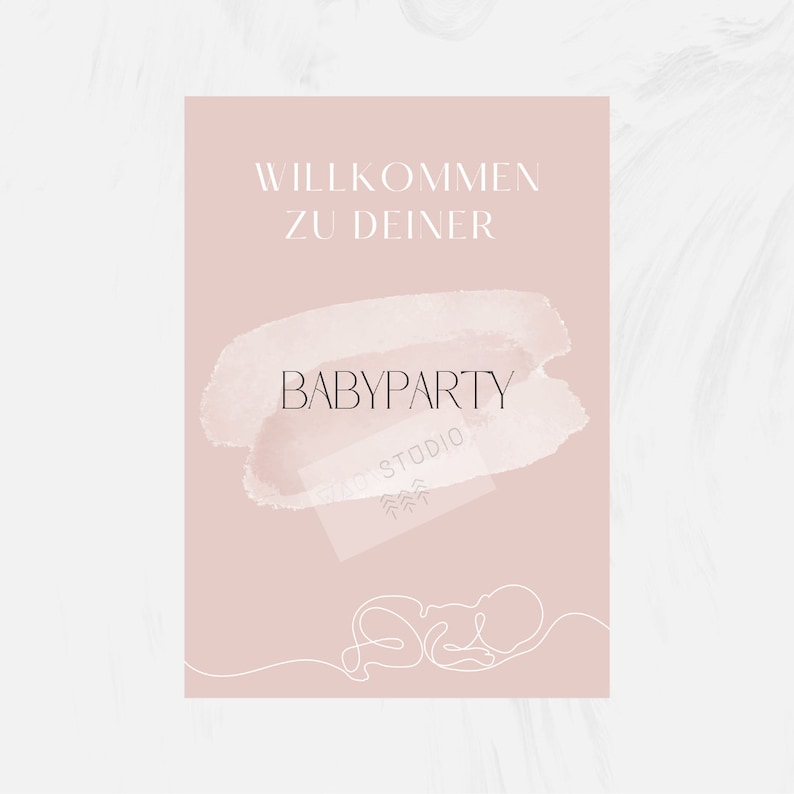 K&ouml;nnte beinhalten: Eine rosafarbene Babyparty-Einladung mit dem Text "Willkommen zu deiner Babyparty" in Wei&szlig;. Die Einladung zeigt einen Aquarell-artigen rosa Pinselstrich und eine Linienzeichnung eines Babys.