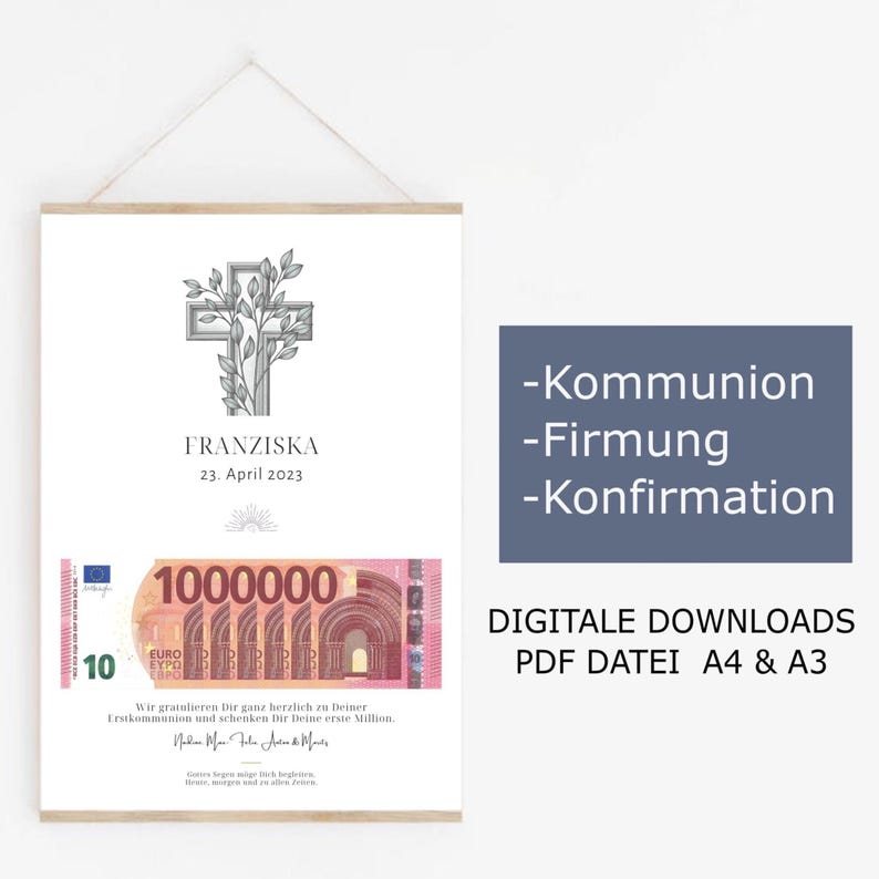 Personalisiertes Geldgeschenk mit einem filigranen Kreuz-Eukalyptus-Motiv und dem Schriftzug „Deine erste Million“. Perfekt als Geschenk in einem Holzrahmen. Digitale Datei in A3 und A4