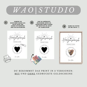 May include: A printable poster with the text "Herzengmensch" and the name "Franziska" in a black and white design. The poster is shown with and without money inserted into the heart shape.