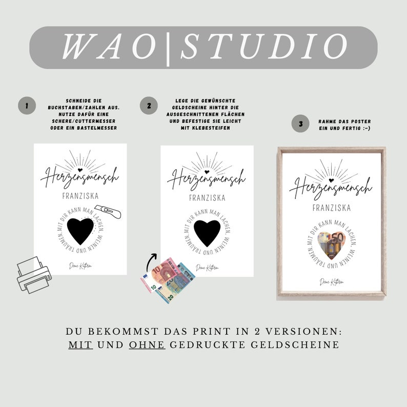 May include: A printable poster with the text "Herzengmensch" and the name "Franziska" in a black and white design. The poster is shown with and without money inserted into the heart shape.
