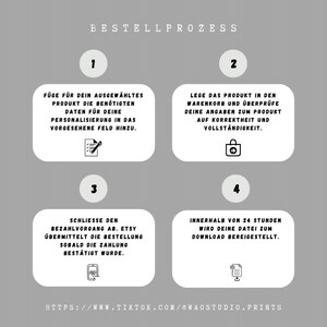 May include: A four-step guide to ordering a product online. The steps are: 1. Add your personalized information, 2. Review your order, 3. Complete the payment, and 4. Download your file within 24 hours. The image includes a pencil and paper icon, a shopping bag icon, a smartphone icon, and a download icon.