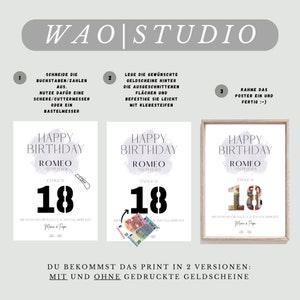 May include: A printable birthday poster with a watercolor background and the text "Happy Birthday Romeo" with the date "23.09.2023" and the number "18" in black. The poster is shown in two versions, one with and one without printed banknotes behind the number.