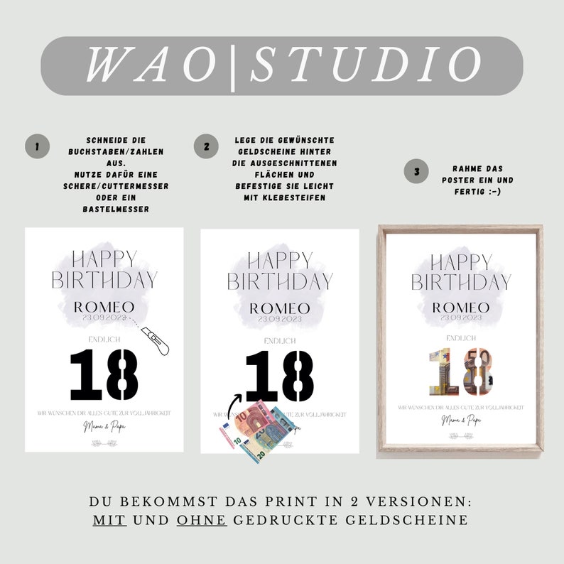 May include: A printable birthday poster with a watercolor background and the text "Happy Birthday Romeo" with the date "23.09.2023" and the number "18" in black. The poster is shown in two versions, one with and one without printed banknotes behind the number.