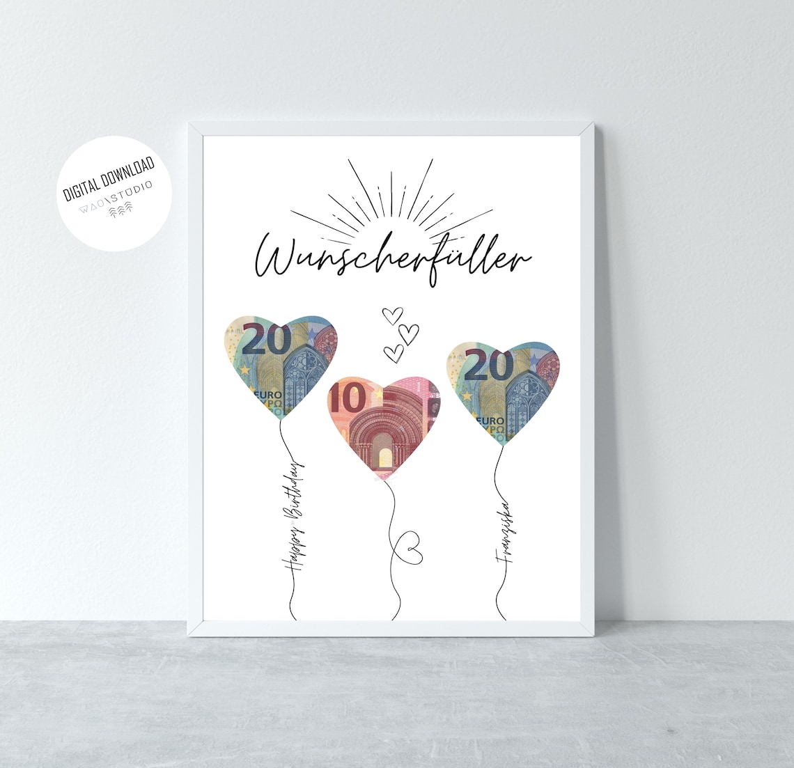 Geldgeschenk Geburtstag Luftballons, Wunscherfüller Geldscheine