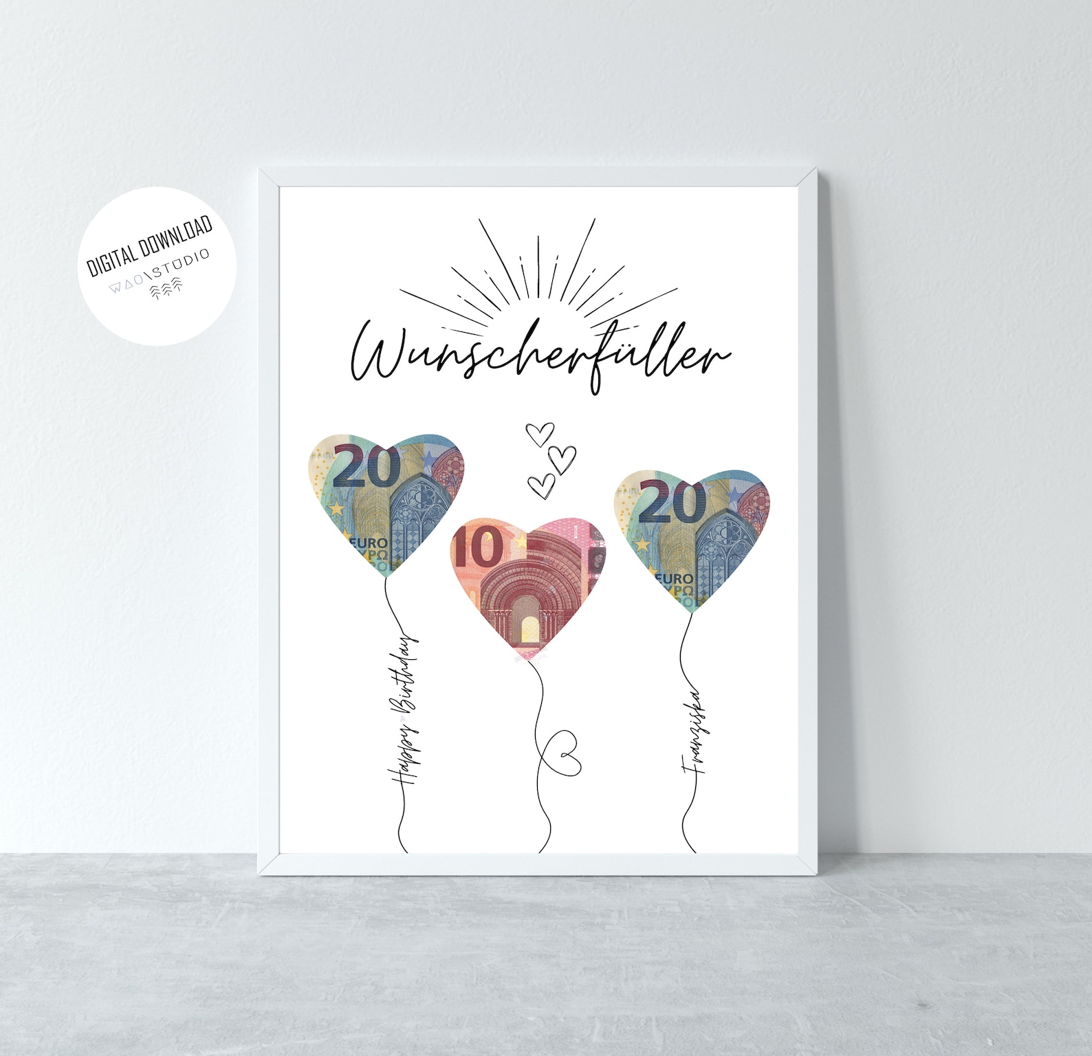 Geldgeschenk Geburtstag Luftballons, Wunscherfüller Geldscheine
