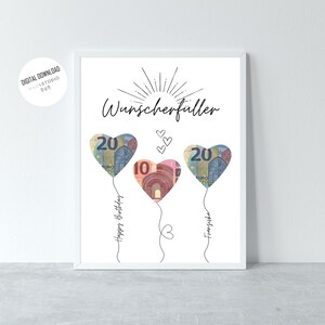May include: A white printable card with the text "Wunscherschfiller" in black. Three heart-shaped balloons are depicted, each filled with euro bills. The balloons are labeled with the amounts "20", "10", and "20". The text "Happy Birthday" and "Franziska" are written below the balloons.