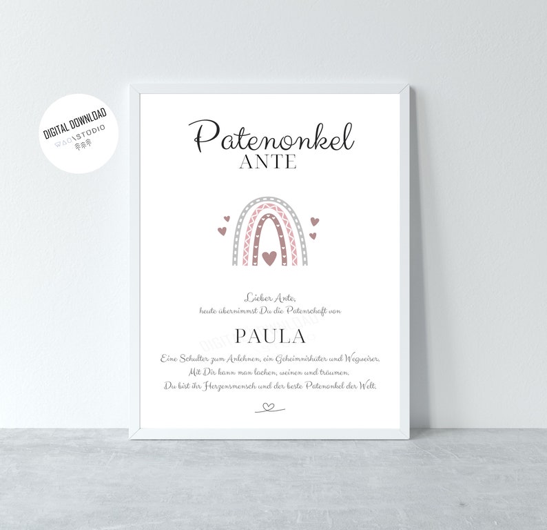 Patenurkunde Regenbogen Geschenk personalisiert, Patenonkel Patentante, Urkunde, Taufe Geschenk, Patenbrief DIN A4, Download zum Ausdrucken bild 9