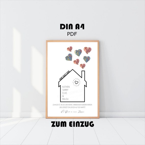 Geldgeschenk zum Einzug (PDF A4 Vorlage), Geld verschenken zur Einweihungsfeier, Personalisierbar zum Ausdrucken