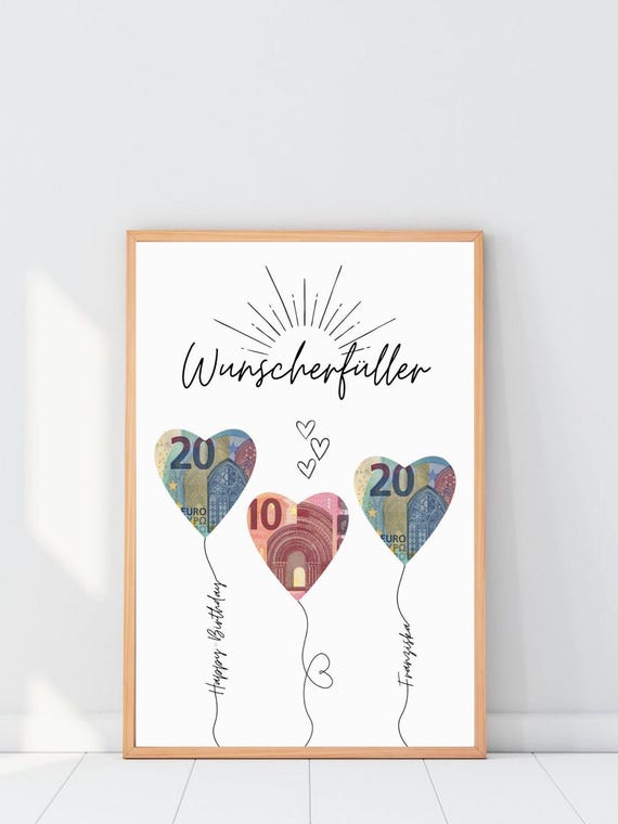 Geldgeschenk Geburtstag Luftballons, Wunscherfüller Geldscheine personalisiert, Poster Geburtstagskarte, Download zum Ausdrucken, Birthday