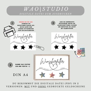 May include: A printable digital file for a DIY birthday card. The card features a heart with the text "Wunscherfiller" and the words "Happy Birthday" and "Thomas". The card also has three stars that can be used to hold money or other gifts.