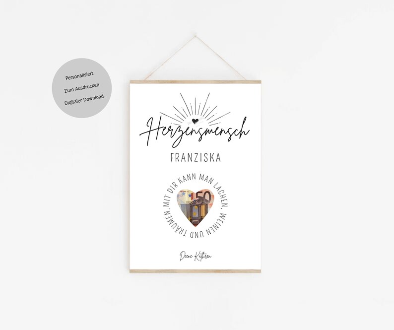 May include: A printable black and white poster with the text "Herzensmensch" and "Franziska" in a heart shape with a 50 euro bill inside. The text around the heart reads "Mit dir kann man lachen, weinen und tr&auml;umen." and "Deine Kiffren".