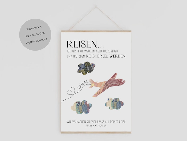 Minimalistische Geldgeschenk-Vorlage mit Flugzeug-Illustration und dem Schriftzug „Reisen ist der beste Weg um Geld auszugeben und trotzdem reicher zu werden“ auf weißem Hintergrund. Auf dem Bild ist ein Flugzeug und 3 Wolken. Diese Motive können ausgeschnitten werden und mit Geldscheinen hinterlegt werden.