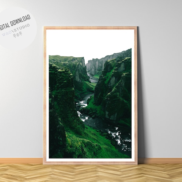 Island Canyon Wandbild, Fjadrargljufur Fluss Schlucht Island, Nordische Landschaft Poster, Natur Fotografie, Digitale Datei Sofortdruck