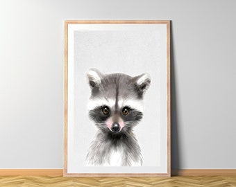 Waschbär Aquarell, Tierkinder Wasserfarbe Wald, Tierbaby gemalt Kinderzimmer Wandkunst, Digitaler Download, sofort ausdrucken, Spielzimmer