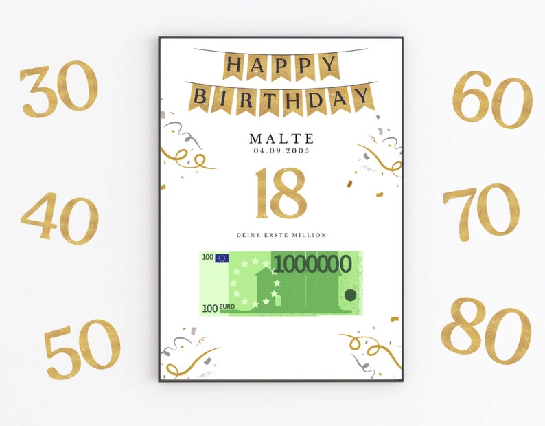 Geldgeschenk verpacken Geburtstag, Deine erste Million Geschenkidee, Personalisiertes Geburtstagsgeschenk zum Ausdrucken, A4 PDF Download image 1