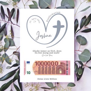 Personalisiertes Geldgeschenk zur Konfirmation, Kommunion, Firmung oder auch zur Taufe mit dem Titel „Deine erste Million“, einem modernen Herz-Kreuz-Motiv und Platz für Geldscheine.
