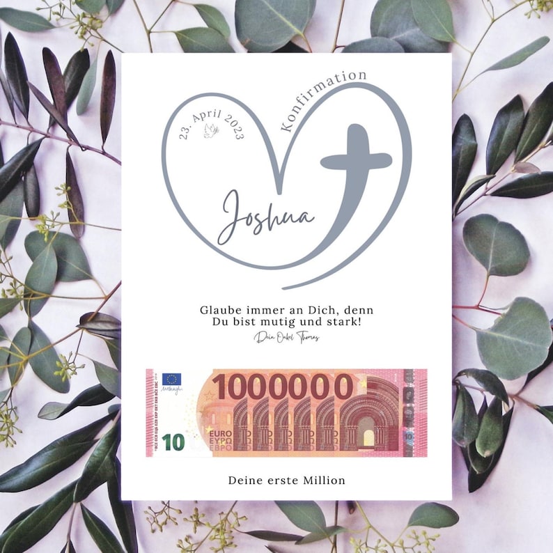 Personalisiertes Geldgeschenk zur Konfirmation, Kommunion, Firmung oder auch zur Taufe mit dem Titel „Deine erste Million“, einem modernen Herz-Kreuz-Motiv und Platz für Geldscheine.