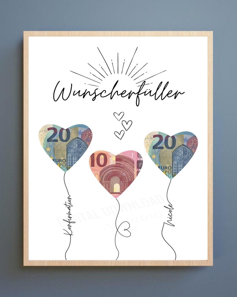 Nahaufnahme der filigranen Ballonschnüre, die mit dem Namen des Kindes und dem Anlass „Konfirmation“ personalisiert sind.
