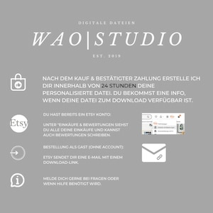 May include: A graphic with the text "WAO|STUDIO EST. 2019" and information about purchasing digital files. The text says "After purchase and confirmed payment, I will create your personalized file within 24 hours. You will receive a notification when your file is ready to download."