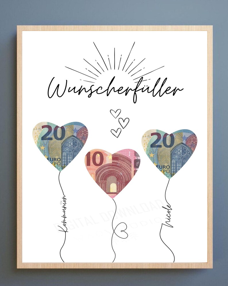 ersonalisiertes Geldgeschenk „Wunscherfüller“ mit drei Herz-Ausschnitten, hinter denen Geldscheine als Luftballons platziert sind, Namen auf den Schnüren.