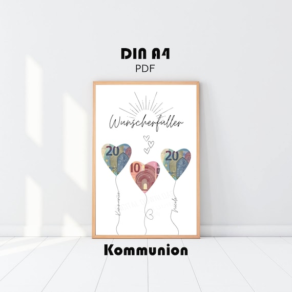 Geldgeschenk Kommunion Wunscherfüller personalisiert, Geschenk Mädchen Junge, Geld verpacken Vorlage, Download PDF