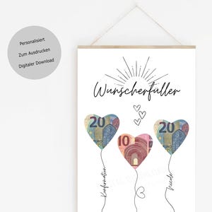 Nahaufnahme der filigranen Ballonschnüre, die mit dem Namen des Kindes und dem Anlass „Konfirmation“ personalisiert sind.