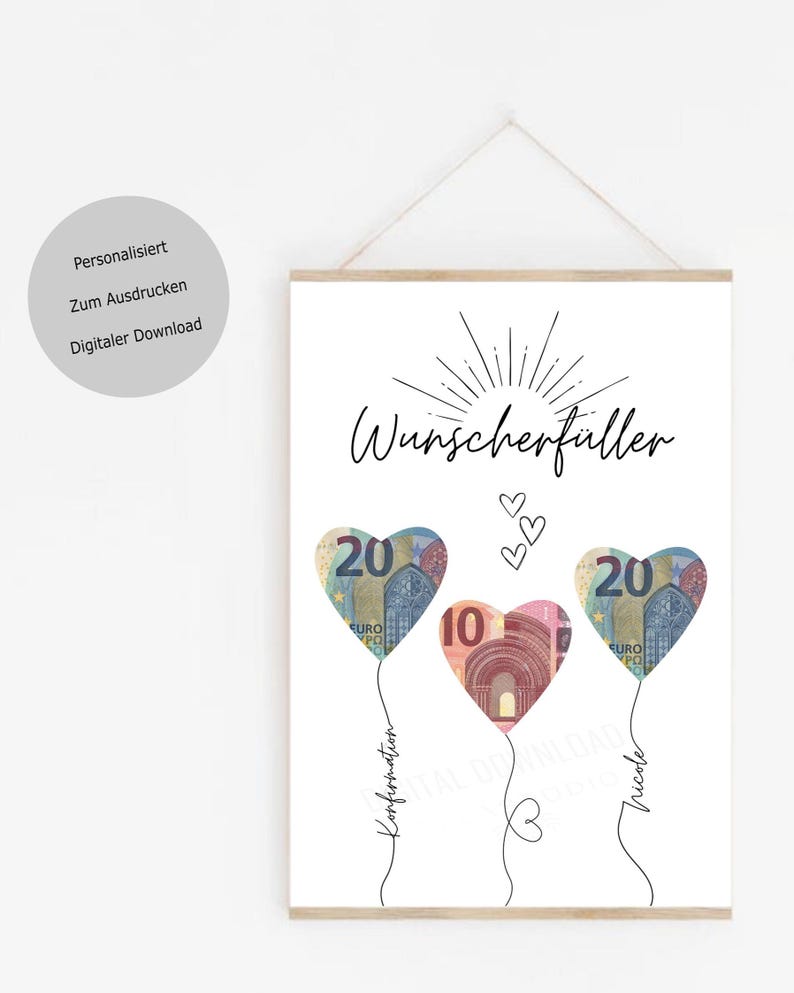 Nahaufnahme der filigranen Ballonschnüre, die mit dem Namen des Kindes und dem Anlass „Konfirmation“ personalisiert sind.