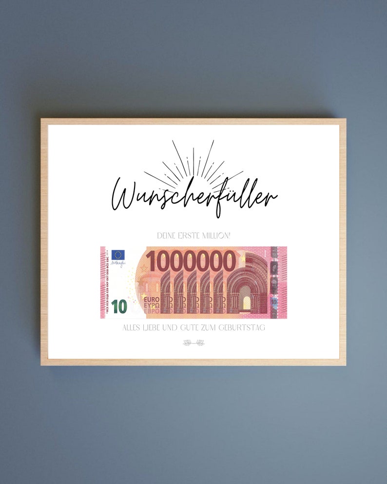 Könnte beinhalten: Eine weiße Karte mit einer schwarz-weißen Illustration eines Sonnenstrahls über dem Text "Wunscherfuller". Unter dem Text befindet sich ein 10-Euro-Schein mit dem Text "DEINE ERSTE MILLION!" und "1000000" darauf gedruckt. Der Text "ALLES LIEBE UND GUTE ZUM GEBURTSTAG" ist unter dem Schein gedruckt.