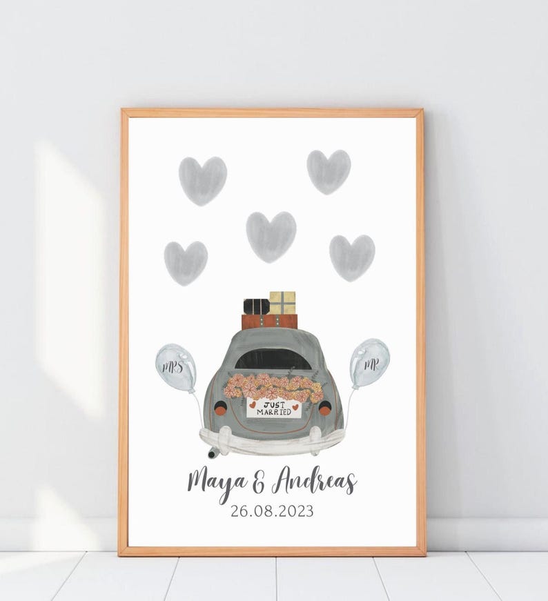 Minimalistische Geldgeschenk Vorlage für die Hochzeit mit gefalteten Geldscheinen in Herzform in einem eleganten Rahmen.