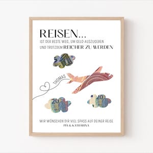 Minimalistische Geldgeschenk-Vorlage mit Flugzeug-Illustration und dem Schriftzug „Reisen ist der beste Weg um Geld auszugeben und trotzdem reicher zu werden“ auf weißem Hintergrund. Auf dem Bild ist ein Flugzeug und 3 Wolken. Diese Motive können ausgeschnitten werden und mit Geldscheinen hinterlegt werden.