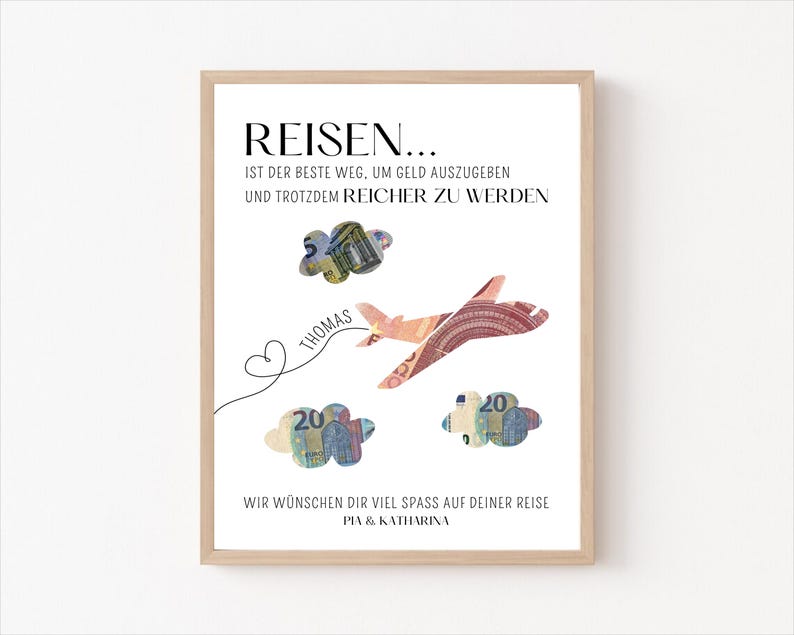 Minimalistische Geldgeschenk-Vorlage mit Flugzeug-Illustration und dem Schriftzug „Reisen ist der beste Weg um Geld auszugeben und trotzdem reicher zu werden“ auf weißem Hintergrund. Auf dem Bild ist ein Flugzeug und 3 Wolken. Diese Motive können ausgeschnitten werden und mit Geldscheinen hinterlegt werden.