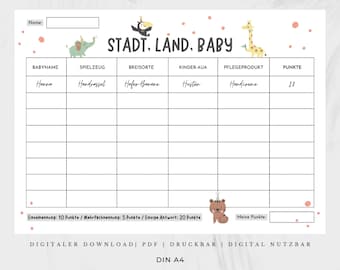 Stadt Land Fluss Babyparty Spiel Deutsch zum Ausdrucken, Baby Shower Party Spiel, Babyshower Tiere Boho, DIN A4 PDF, Digitaler Download