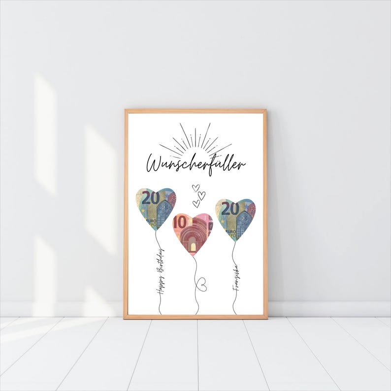 Geldgeschenk Geburtstag Luftballons, Wunscherfüller Geldscheine personalisiert, Poster Geburtstagskarte, Download zum Ausdrucken, Birthday image 1