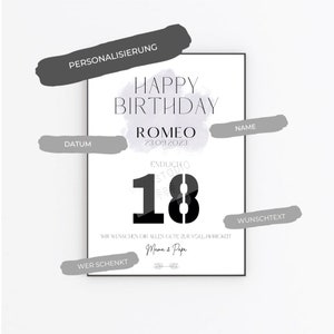 May include: A black and white printable birthday card with the text "Happy Birthday" and the number "18". The card also includes the text "Romeo", "23.09.2023", "Endlich 18", "Wir w&uuml;nschen dir alles Gute zur Vollj&auml;hrigkeit", "Mama & Papa", "Name", "Datum", "Wunschtext", and "Wer schenkt".