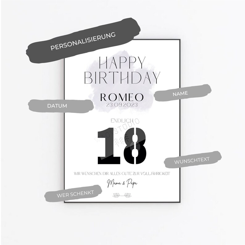 May include: A black and white printable birthday card with the text "Happy Birthday" and the number "18". The card also includes the text "Romeo", "23.09.2023", "Endlich 18", "Wir w&uuml;nschen dir alles Gute zur Vollj&auml;hrigkeit", "Mama & Papa", "Name", "Datum", "Wunschtext", and "Wer schenkt".