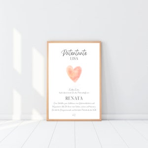 May include: A printable card with a watercolor heart design. The text reads "Patentante LISA. Liebe Lisa, laste &uuml;bernimmt Du die Patenschaft von RENATA. Eine Schulter zum Anlehnen, eine Geheimnisverwalterin und Wegweiserin. Mit Dir kann man lachen, weinen und tr&auml;umen. Du bist der Gl&uuml;cksmensch und die beste Patentante der Welt."