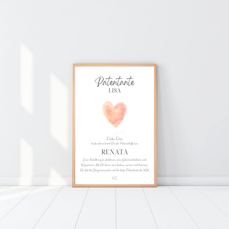 May include: A printable card with a watercolor heart design. The text reads "Patentante LISA. Liebe Lisa, laste &uuml;bernimmt Du die Patenschaft von RENATA. Eine Schulter zum Anlehnen, eine Geheimnisverwalterin und Wegweiserin. Mit Dir kann man lachen, weinen und tr&auml;umen. Du bist der Gl&uuml;cksmensch und die beste Patentante der Welt."