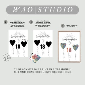 May include: A printable birthday card design featuring two black heart-shaped balloons with the number 18 in the center. The card includes the text "Wunscherfaller" and "Happy Birthday". The design is available with and without printed money bills.