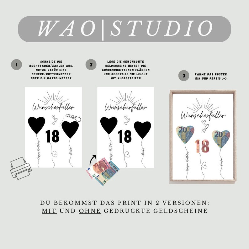 May include: A printable birthday card design featuring two black heart-shaped balloons with the number 18 in the center. The card includes the text "Wunscherfaller" and "Happy Birthday". The design is available with and without printed money bills.