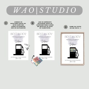 Puede incluir: Un p&oacute;ster imprimible con instrucciones sobre c&oacute;mo hacer un regalo de dinero para un examen de conducir. El p&oacute;ster tiene una ilustraci&oacute;n en blanco y negro de una bomba de gasolina con el texto "Bestanden!" y "Herzlichen Gl&uuml;ckwunsch zum F&uuml;hrerschein" en alem&aacute;n. El p&oacute;ster tambi&eacute;n incluye el nombre "Vaferie" y el texto "Tankgold".