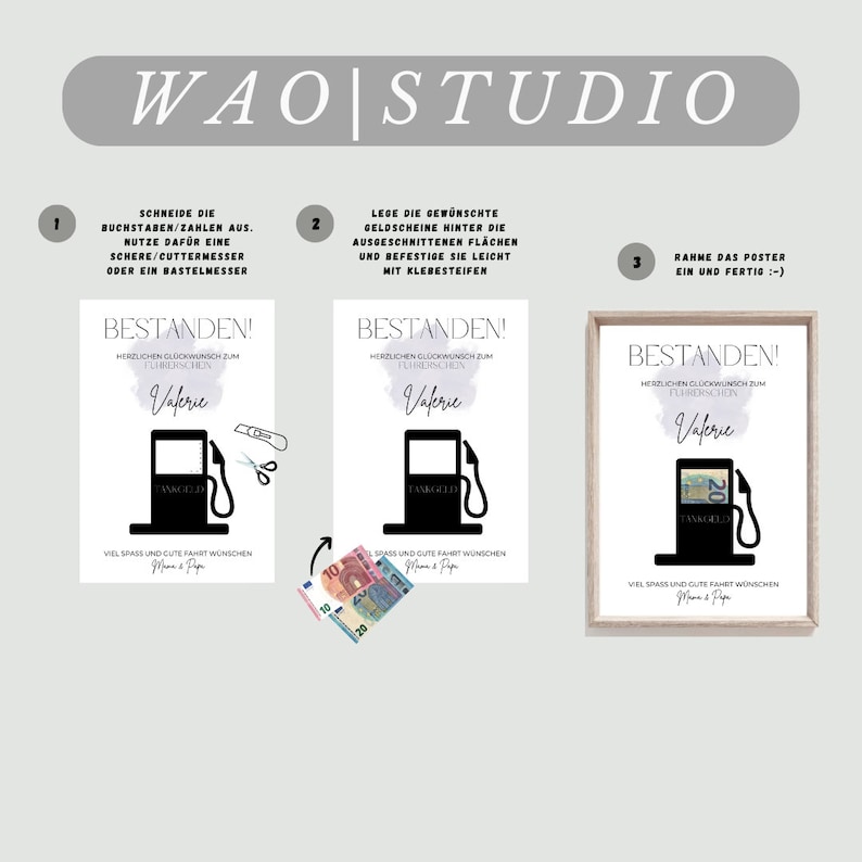 Puede incluir: Un p&oacute;ster imprimible con instrucciones sobre c&oacute;mo hacer un regalo de dinero para un examen de conducir. El p&oacute;ster tiene una ilustraci&oacute;n en blanco y negro de una bomba de gasolina con el texto "Bestanden!" y "Herzlichen Gl&uuml;ckwunsch zum F&uuml;hrerschein" en alem&aacute;n. El p&oacute;ster tambi&eacute;n incluye el nombre "Vaferie" y el texto "Tankgold".