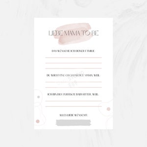 K&ouml;nnte beinhalten: Eine druckbare Babyparty-Spielkarte mit rosafarbenem Aquarellhintergrund. Die Karte tr&auml;gt den Text "Liebe Mama to be" und enth&auml;lt Aufforderungen f&uuml;r die G&auml;ste, Nachrichten f&uuml;r die werdende Mutter zu schreiben.